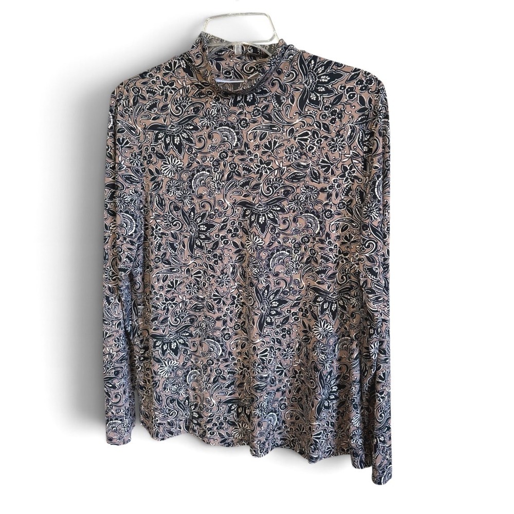 Susan Graver Liquid Knit Mock Neck Top Medium Tan Brown Black Paisley Floral